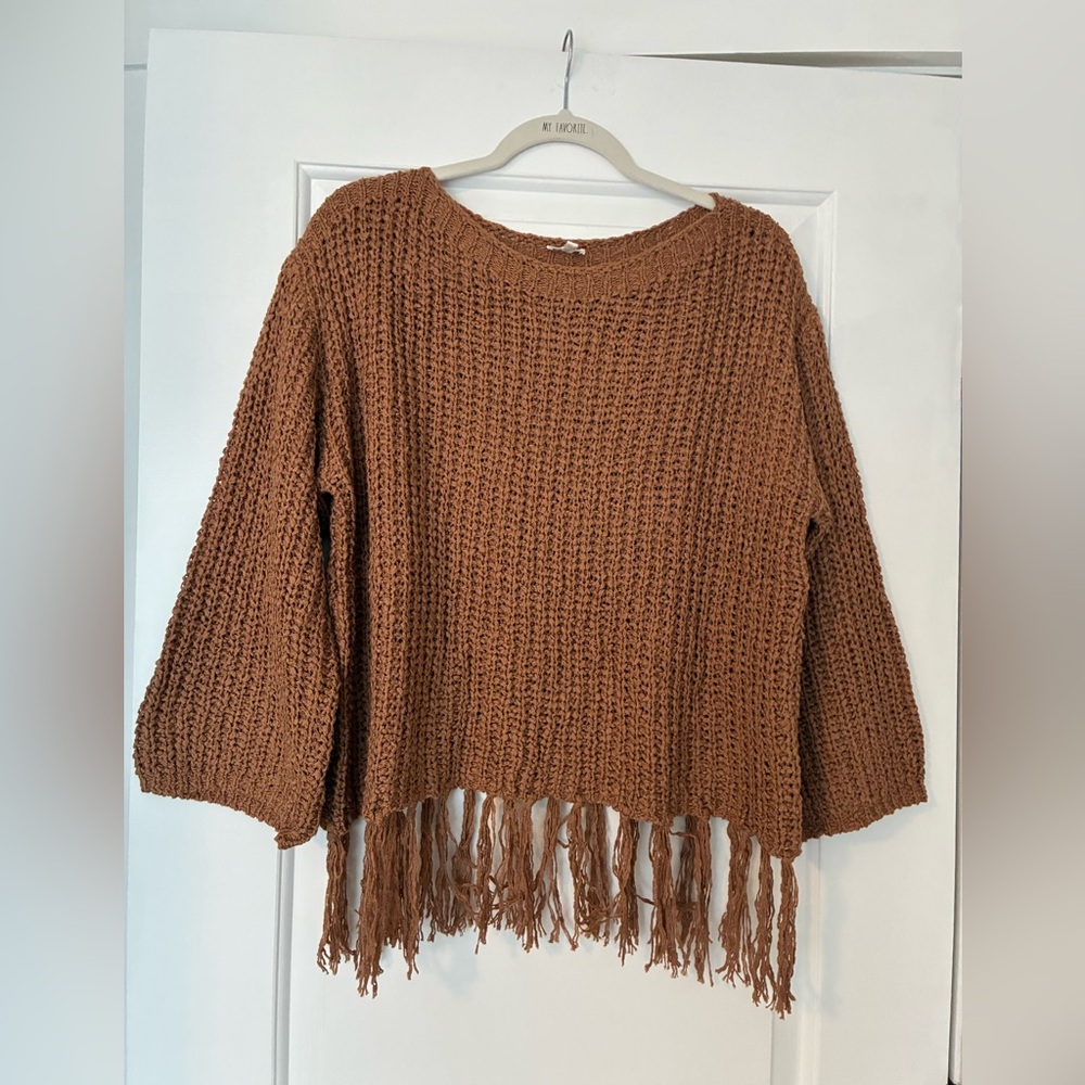 En Creme Rust-Brown Fringed Knit Crewneck Sweater